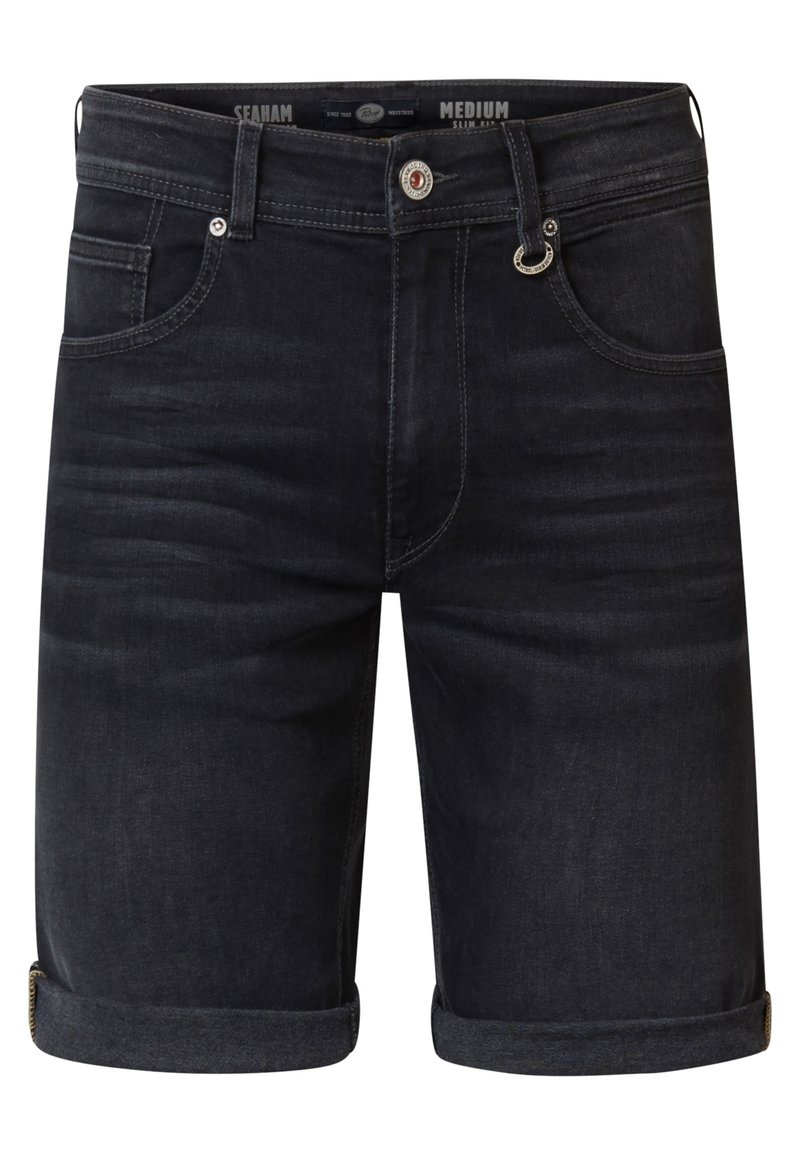 Bermudas de mezclilla azul oscuro con puños enrollados, que presentan un cierre de botón, acentos metálicos y bolsillos frontales. Diseño de corte ajustado.