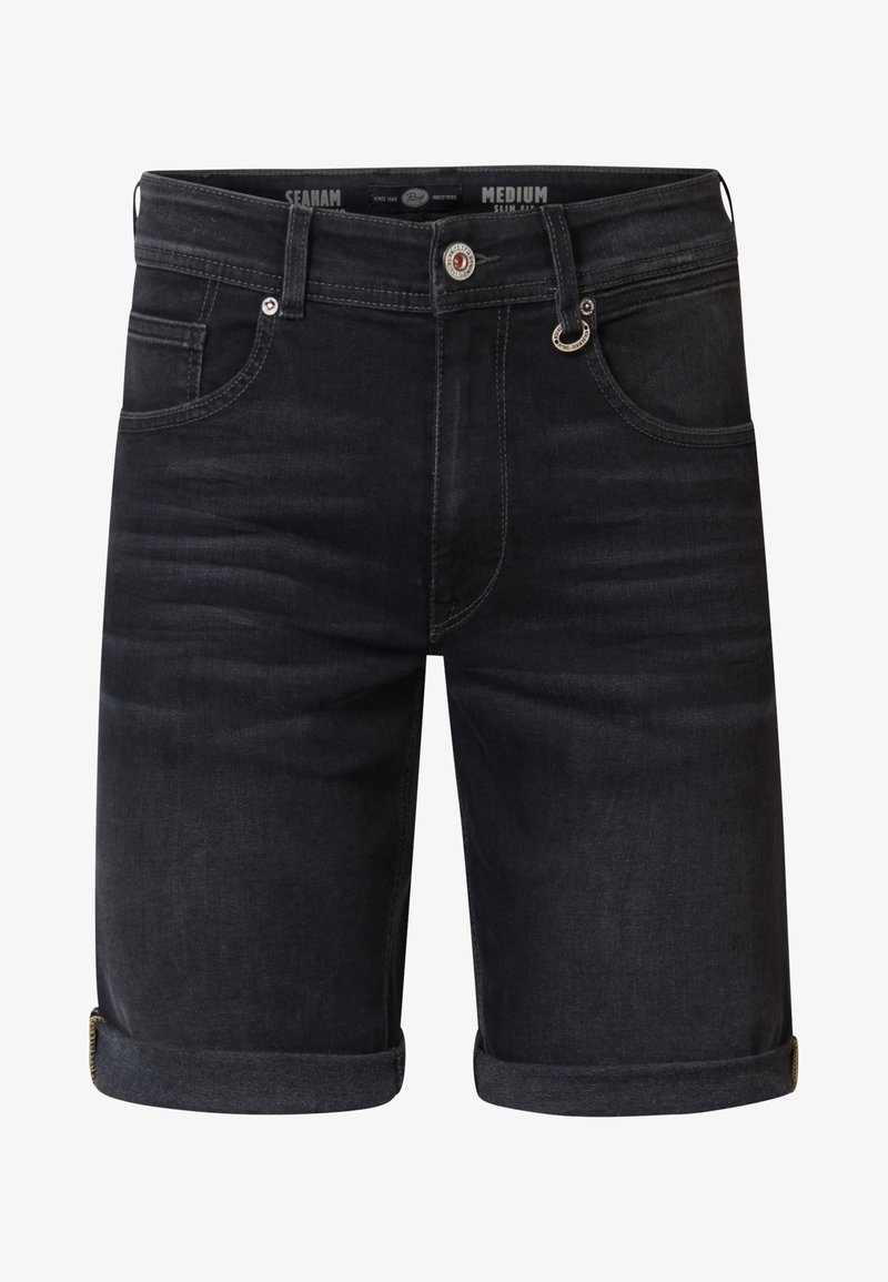 Bermudas de mezclilla azul oscuro con puños enrollados, que presentan un cierre de botón, acentos metálicos y bolsillos frontales. Diseño de corte ajustado.