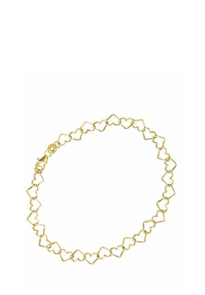 Bracciale d'oro con maglie a forma di cuore interconnesse, progettato con una superficie liscia e una chiusura a moschettone sicura.