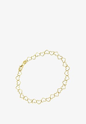 Kuldne käevõru, millel on omavahel seotud südamekujulised lingid, millel on sile tekstuur ja turvaline homaariklamber.