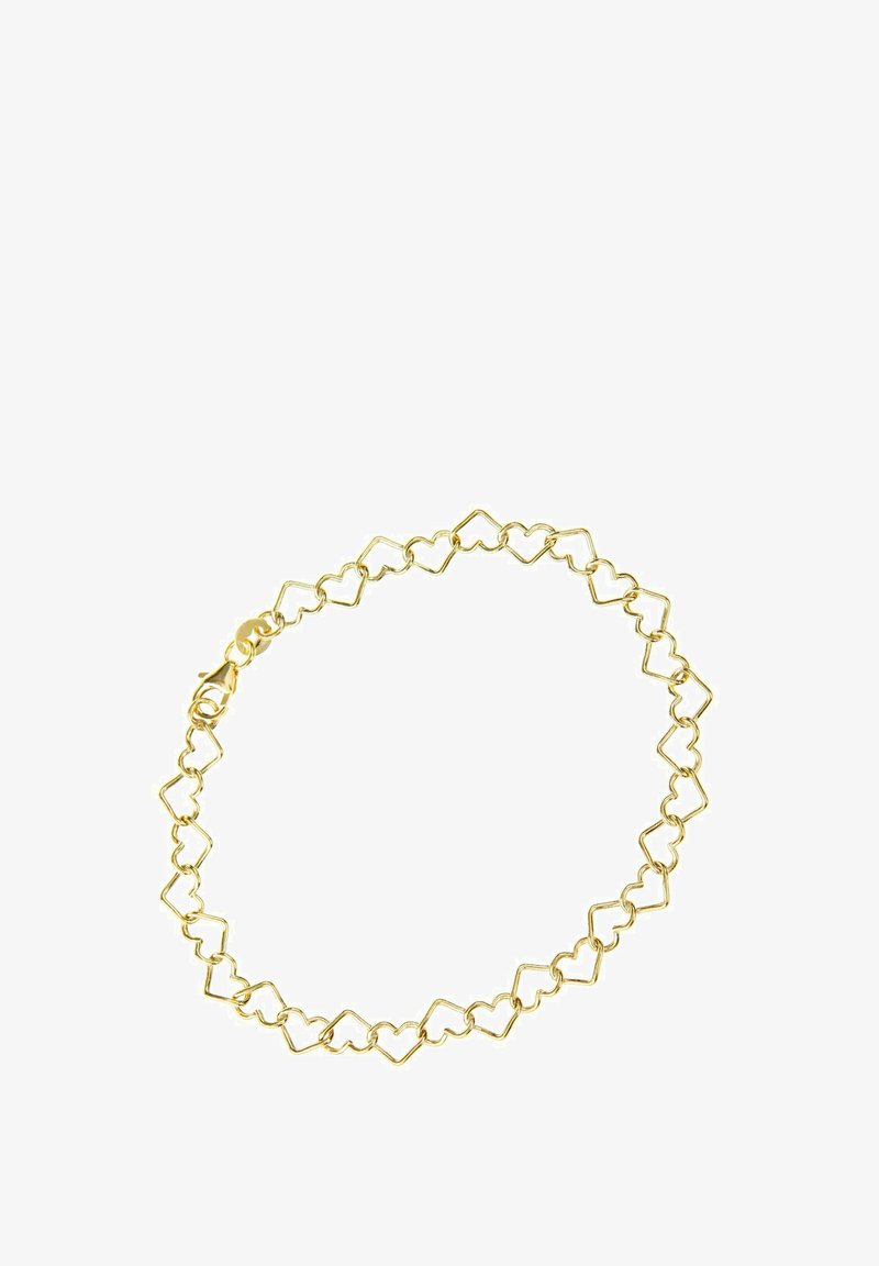 Kuldne käevõru, millel on omavahel seotud südamekujulised lingid, millel on sile tekstuur ja turvaline homaariklamber.