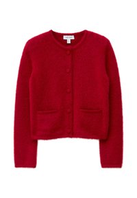 Roter, flauschiger Cardigan mit rundem Ausschnitt, sechs vorderen Knöpfen und zwei Taschen vorne. Hergestellt aus weichem, strukturiertem Material.