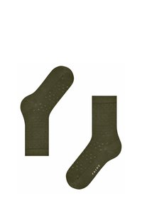 Chaussettes vert olive avec un motif texturé de points surélevés. Fabriquées en tissu doux, avec un renfort au talon et à la pointe. Logo de la marque visible.