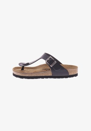 Zwarte teensandalen met een kurkvoetbed, rubberen buitenzool en een verstelbare band met een metalen gespsluiting. Gladde textuur en minimalistisch design.