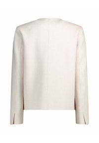 Crème-kleurige blazer met lange mouwen, een rechte snit, zichtbare naden en kleine mouwslitsen bij de manchet, gezien vanaf de achterkant.