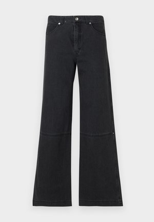 Black wide-leg jeans made of denim, featuring a high waist, front pockets, and a subtle seam detail at the knee. Metal button closure.