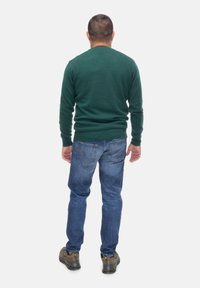 Maglione verde, jeans blu e calzature marroni. Tessuto morbido, design aderente con scollatura a girocollo. Vista posteriore che mostra la vita e la vestibilità.