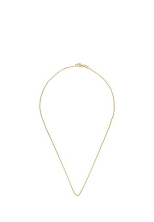Collier délicat en chaîne d'or avec petit fermoir mousqueton et maillons réglables sur fond blanc.