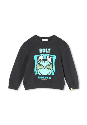 Zwarte trui met lange mouwen met een cartoon blauwe hond die een bot vasthoudt, tekst "BOLT" boven en "RUNNER #26" onder de afbeelding.