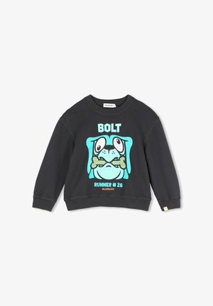 Zwarte trui met lange mouwen met een cartoon blauwe hond die een bot vasthoudt, tekst "BOLT" boven en "RUNNER #26" onder de afbeelding.