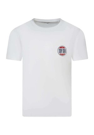 T-shirt blanc à manches courtes avec col rond et petit logo circulaire sur la poitrine gauche indiquant "Teddy Smith Motors 1989".