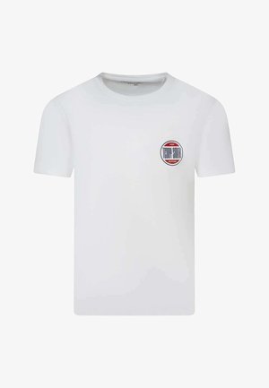T-shirt blanc à manches courtes avec col rond et petit logo circulaire sur la poitrine gauche indiquant "Teddy Smith Motors 1989".