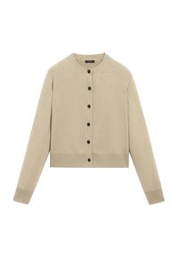 Beige vest met knopen, lange mouwen, geribbelde manchet- en zoomboorden, en een ronde hals, afgebeeld op een witte achtergrond.