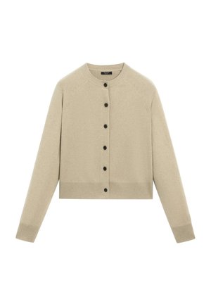 Beige cardigan med knapper, lange ærmer, ribbede manchetter og kant samt rund halsudskæring, vist på en hvid baggrund.