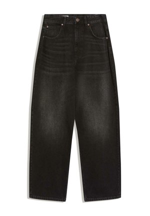 Musta leveälahkeiset farkut, joissa on korkea vyötärö, viiden taskun malli, edessä nappikiinnitys ja siistit ompelut.