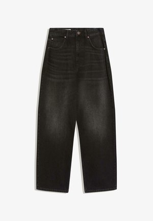 Musta leveälahkeiset farkut, joissa on korkea vyötärö, viiden taskun malli, edessä nappikiinnitys ja siistit ompelut.