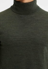 Mörkgrön turtlenecktröja, tillverkad av mjukt stickat tyg, har en smal passform och slät textur med en ribbad krage.