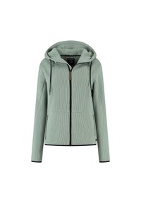 Veste à capuche zippée vert clair avec doublure en polaire, cordons de serrage noirs et poches avant, présentée sur un fond blanc.
