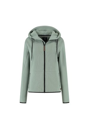 Veste à capuche zippée vert clair avec doublure en polaire, cordons de serrage noirs et poches avant, présentée sur un fond blanc.