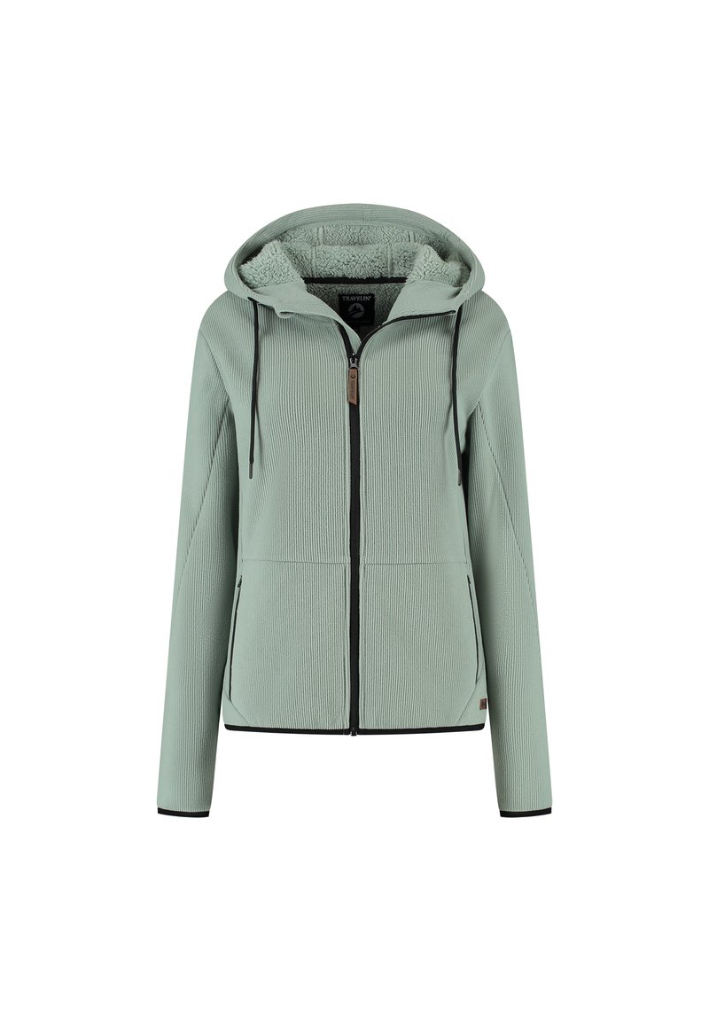 Veste à capuche zippée vert clair avec doublure en polaire, cordons de serrage noirs et poches avant, présentée sur un fond blanc.