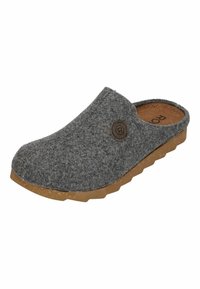 Zueco gris de feltro con punta redondeada, parte superior texturizada, un acento de logo y una suela de goma marrón con un patrón estriado para mayor agarre.