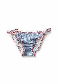 Modré a bílé pruhované bikiny s volánkovými okraji a červeným lemováním. Obsahují nastavitelná boční zavazování pro přizpůsobení střihu.