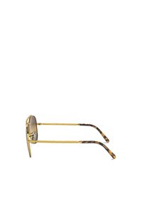 Occhiali da sole color oro con forma arrotondata, dotati di lenti a gradiente scuro e aste con motivo tartarugato. Dettagli texturizzati in tutto il modello.