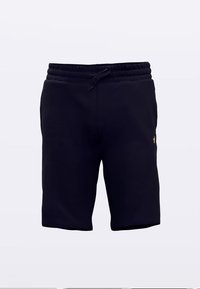 Black athletic shorts made from soft fabric, featuring an elastic waistband with drawstring, side pockets, and a small logo accent.