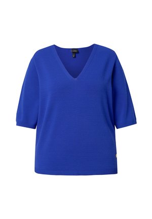 Blauer Kurzarm-V-Ausschnittpullover mit lockerem Schnitt und geripptem Saum, dargestellt vor weißem Hintergrund.