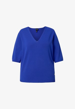 Blauer Kurzarm-V-Ausschnittpullover mit lockerem Schnitt und geripptem Saum, dargestellt vor weißem Hintergrund.