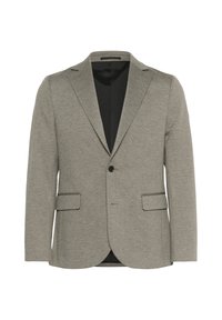 Blazer gri deschis cu o țesătură texturată, două buzunare frontale, închidere cu un singur buton, revere cu notch și căptușeală interioară neagră.