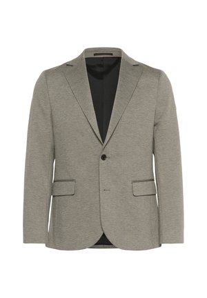 Šviesiai pilkas švarkas su tekstūruota medžiaga, dviem priekinėm kišenėm, viena mygtuko uždarymo sistema, išpjautomis apykaklėmis ir juoda vidine pamušalu.