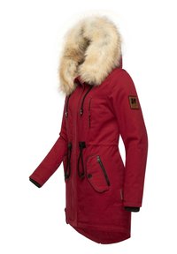 Red parka jacket with a faux fur hood, adjustable drawstrings, two front pockets with zippers, and ribbed cuffs. Features branding patch on sleeve.