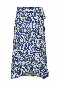 Zavinovací sukně v modré barvě s bílým květinovým vzorem. Má volánkový lem a zavazování na boku. Vyrobena z lehké látky s hladkou texturou.