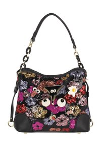 Sac à main en sequins multicolores avec motifs floraux, accents en cuir noir, bandoulière chaîne noire, et diverses patchs décoratifs.