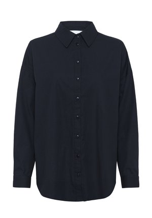 Black button-up shirt with a collar, long sleeves, and subtle texture. Features a straight hem and five buttons down the front.