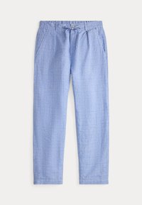 Light blue casual trousers with a subtle check pattern, front pockets, belt loops, and a fabric drawstring at the waist.