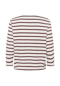 Maglia a maniche lunghe a righe color crema con ampie righe orizzontali color bordeaux. Presenta un colletto arrotondato e una vestibilità rilassata. Tessuto morbido e leggero.