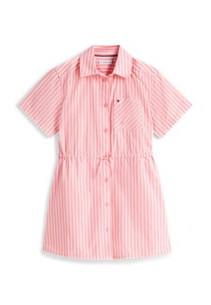 Gestreepte jurk met korte mouwen in roze en wit. Voorzien van een knoopsluiting, kraag en een getailleerde taille met een klein borstzakje.