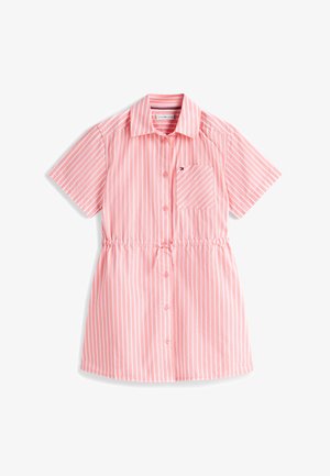 Triibuline lühikeste varrukatega kleit roosa ja valge toonis. Omadusteks ees nupud, krae ja vöökohast kogutud lõige koos väikese rinnataskuga.