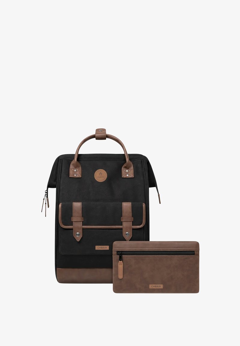 Black backpack with brown leather accents, zip closure, front pocket with straps, and a detachable brown pouch with a zipper.