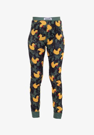 Camo-patterned pants in dark green, featuring yellow duck motifs with red beaks. Elastic waistband and cuffs, ribbed texture.