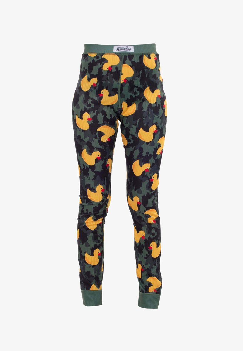 Pantaloni con motivo camouflage in verde scuro, caratterizzati da motivi di anatre gialle con beccucci rossi. Vita elastica e polsini, texture a costine.