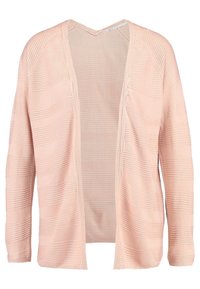 Cardigan lavorato a maglia rosa chiaro con apertura frontale, caratterizzato da strisce testurizzate e maniche lunghe. Realizzato in un materiale morbido e traspirante.