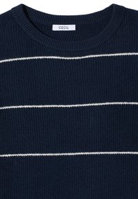 Navy ribbed sweater with white horizontal stripes. Features a round neckline and a label reading "CECIL." Soft texture, knit material.