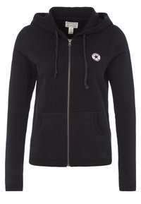 Sweat à capuche noir zippé avec poches avant, cordon à la capuche et petit logo circulaire Converse All Star sur la poitrine gauche.