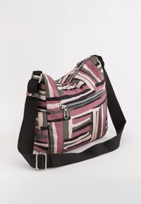 Musterhafte Schultertasche in Rosa, Grün und Schwarz. Verfügt über textiles Material, eine Reißverschlusstasche und einen verstellbaren schwarzen Trageriemen.