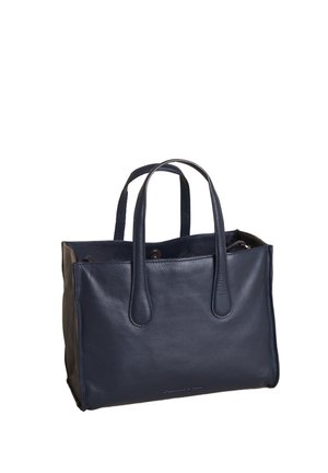 Marineblaue Ledertasche mit zwei Griffen, rechteckiger Form und sichtbaren Nähten, aufrecht stehend vor weißem Hintergrund.