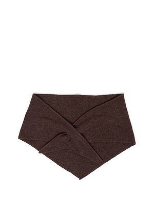 Dunkelbrauner gestrickter Halswärmer mit gefaltetem und gekreuztem Design, aus weichem Stoff für Wärme und Komfort.