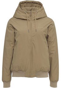 Veste beige à capuche avec fermeture éclair frontale, cordon de serrage à la capuche, poignets et bas côtelés, et logo discret "MAZINE" sur la poitrine gauche.